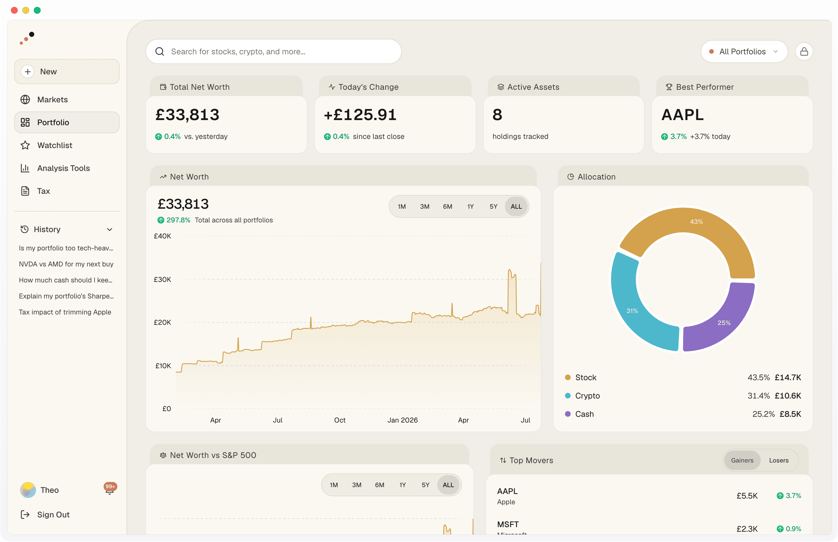 Valo portfolio dashboard with net worth chart and allocation