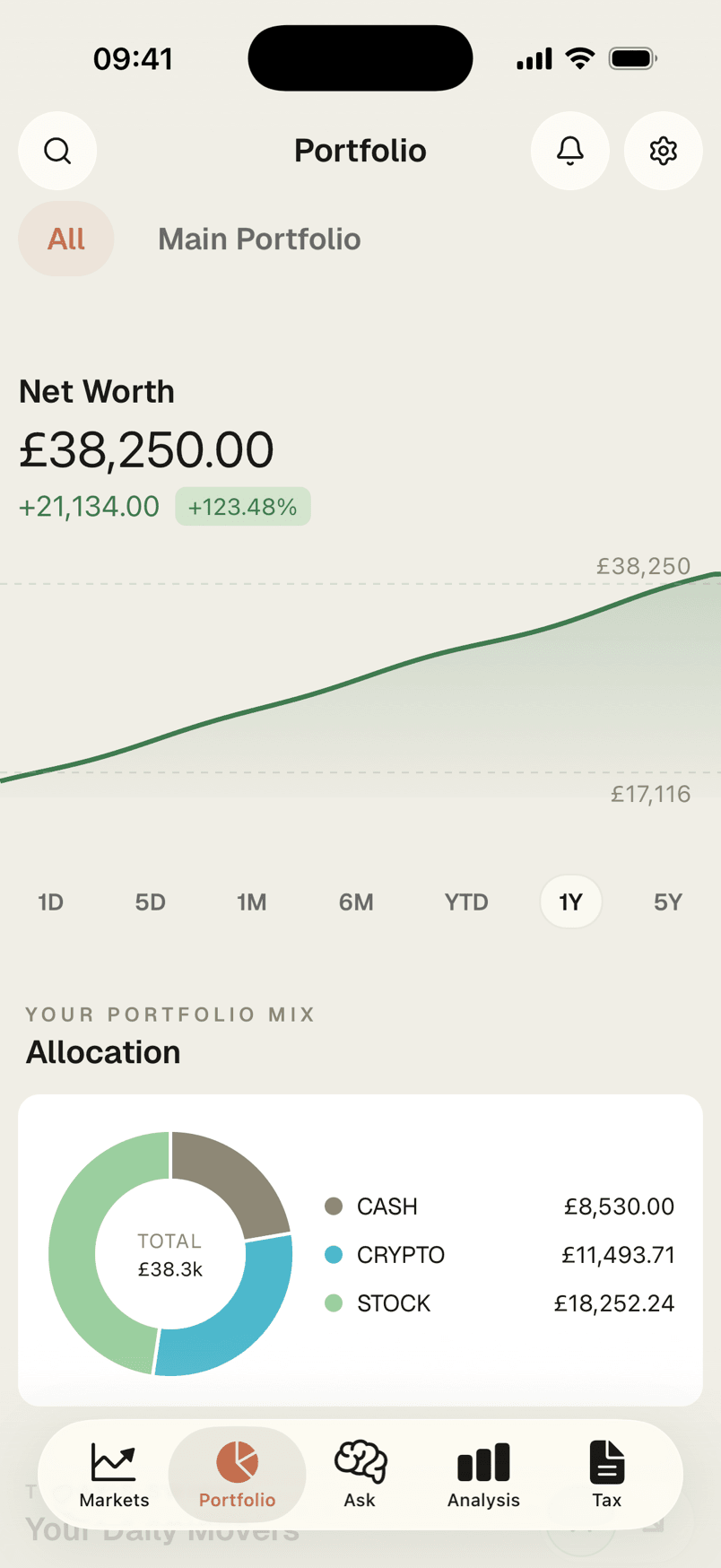 Valo mobile dashboard showing net worth and performance chart
